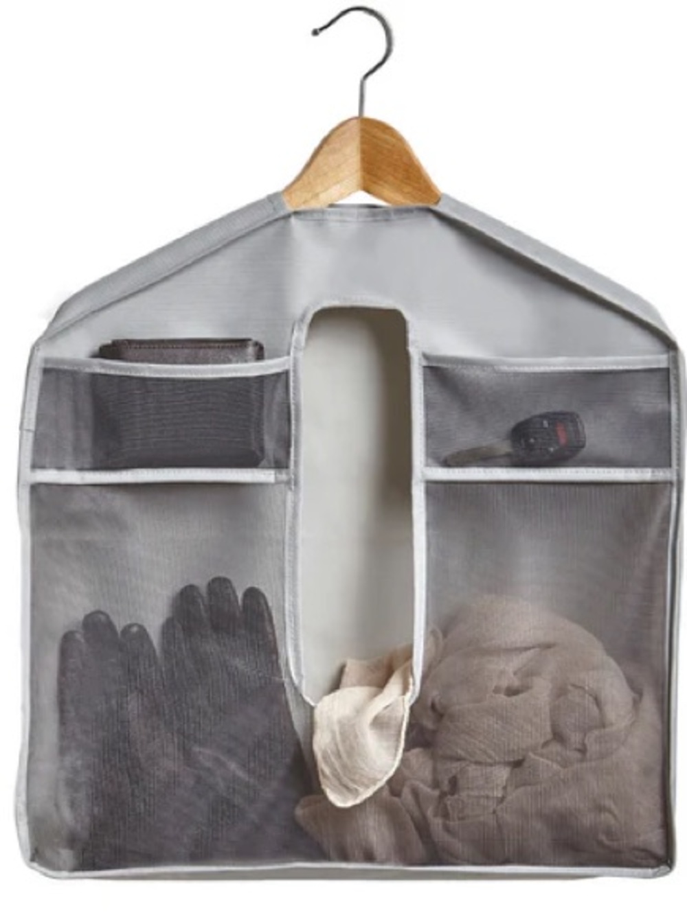 Gray Hanging Closet Organizer with Mesh Pockets